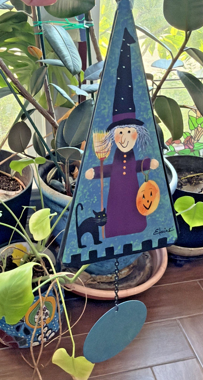 BOOKINS Elaine Thompson witch halloween Pumpkin Cat wind chimes vintage
